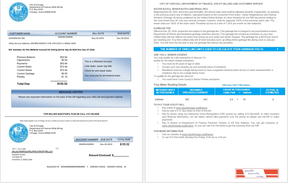 USA CITY OF CHICAGO business utility bill Word and PDF template PSD template